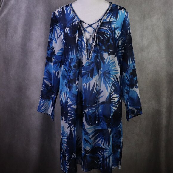 Tommy Bahama Other - Tommy Bahama Swim Coverup Top Womens Large Blue Lace Up Tunic Beach Tropical